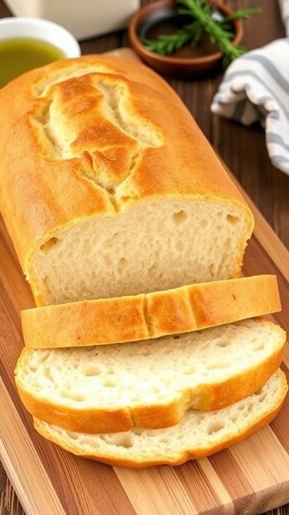 Sliced keto yeast bread on a cutting board with olive oil in the background.